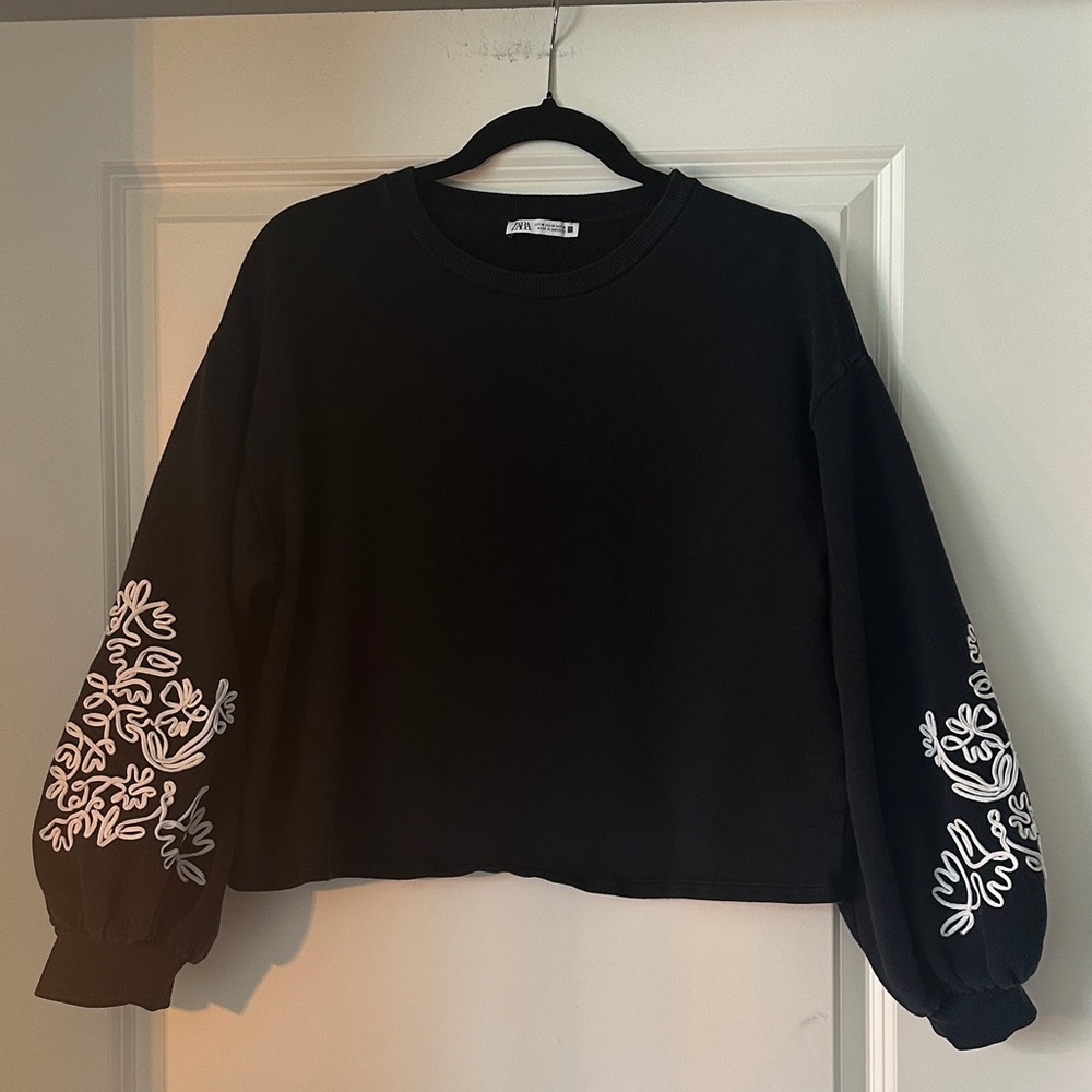Zara Black Sweatshirt with White Floral Sleeves